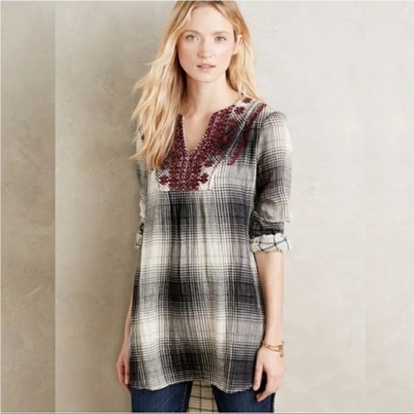 Anthropologie Floreat Plaid Embroidered Longline Tunic Top | Black/White | XS - Picture 3 of 9